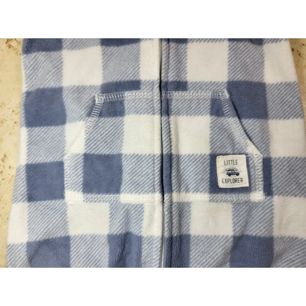 Carters Blue Cream Buffalo‎ Check Hooded Ears Fleece Zip Front One Piece 9 mo